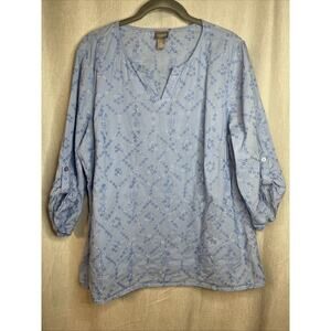 Chico’s Women’s Blouse - Blue Embroidered V-Neck 3/4 Roll Tab Sleeve - Size 2